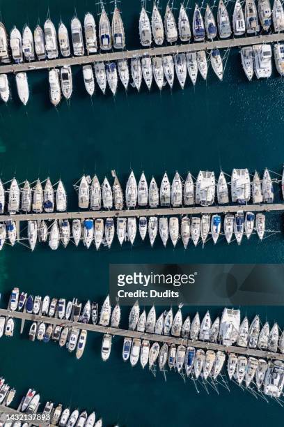 bird eye view marina and yachts - marina stock pictures, royalty-free photos & images