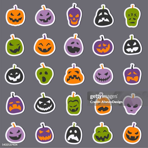 halloween sticker set. jack o'lantern funny faces. - mummy pattern stock illustrations