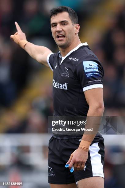 Matias Moroni of Newcastle Falcons reacts during the Gallagher Premiership Rugby match between Newcastle Falcons and Saracens at Kingston Park on...