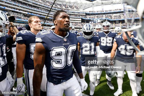 DeMarcus Lawrence of the Dallas Cowboys leads a huddle prior to an NFL football game between the Los Angeles Rams and the Dallas Cowboys at SoFi...