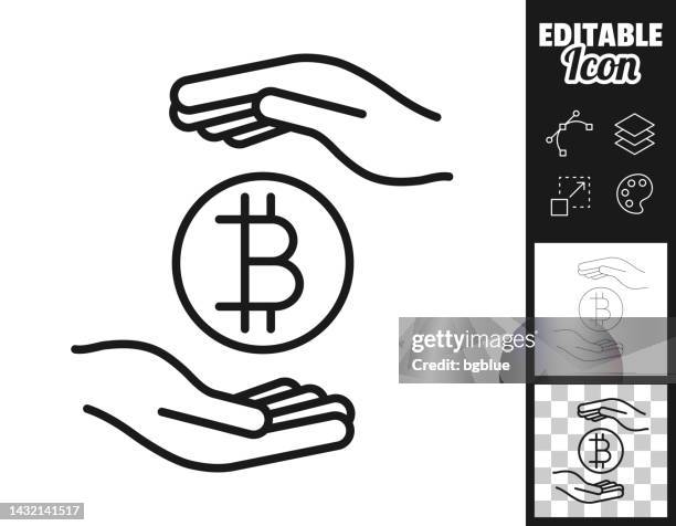 bitcoin coin between hands. icon for design. easily editable - in between stock illustrations