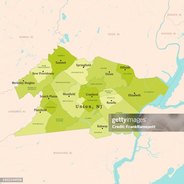 nj union county vector map green - new jersey map stock illustrations