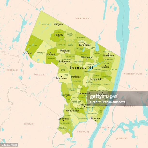 ilustraciones, imágenes clip art, dibujos animados e iconos de stock de nj bergen county mapa vectorial verde - englewood nueva jersey