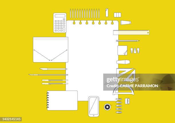 smartphone, calculator, painting, rules, cello, clips, post-its, carpet, folder, ring folder, notebook, pens, rubber and sheets - school rules stock illustrations