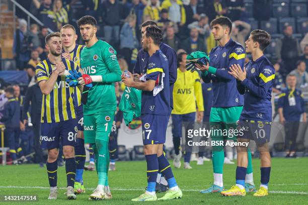 Goalkeeper Altay Bayindir of Fenerbahce, Irfan Can Kahveci of Fenerbahce, players of Fenerbahce celebrate the win during the Turkish Super Lig match...