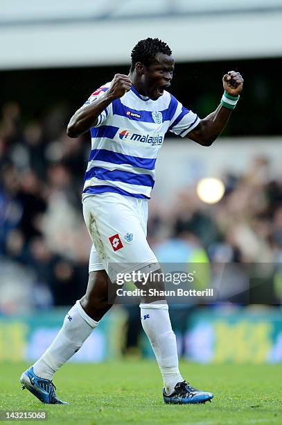 Taye Taiwo of QPR celebrates his team's 1-0 victory during the Barclays Premier League match between Queens Park Rangers and Tottenham Hotspur at...