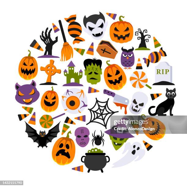 halloween round composition. trick or treaters. spooky montage. - witchs hat stock illustrations