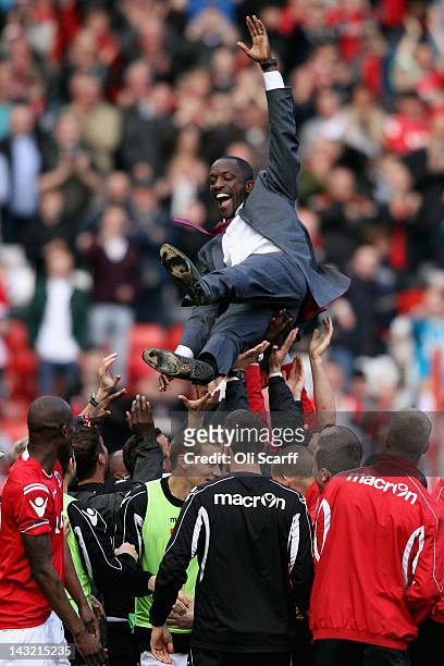 Charlton Athletic's manager Chris Powell celebrates his side's victory over Wycombe Wanderers at The Valley which sees them win the npower League One...