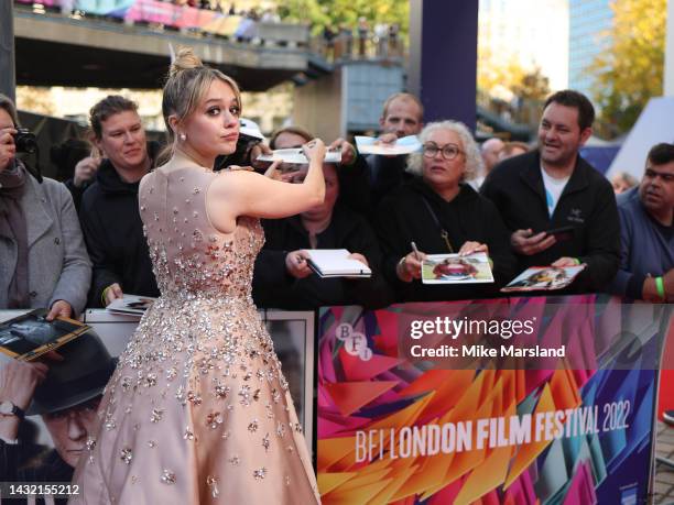 Aimee Lou Wood attends the "Living" UK premiere during the 66th BFI London Film Festival at the Southbank Centre on October 09, 2022 in London,...