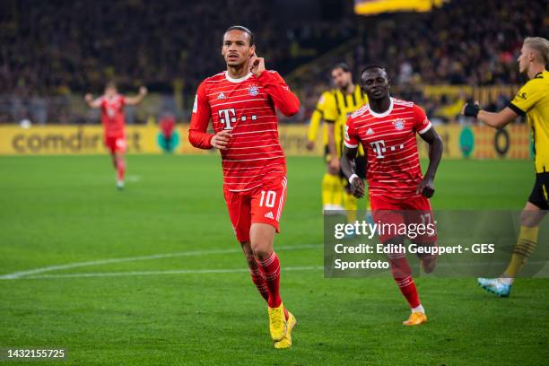 Leroy Sane of Bayern celebrates after scoring his team's second goal during the Bundesliga match between Borussia Dortmund and FC Bayern München at...