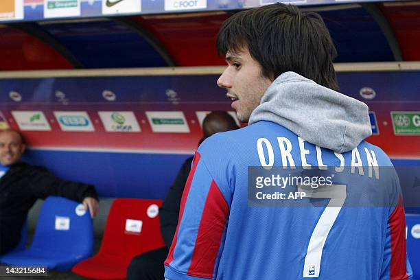 French singer Aurelien Cotentin aka Orelsan is pictured prior to the French L1 football match Caen vs. Saint-Etienne on April 21, 2012 at the Michel...