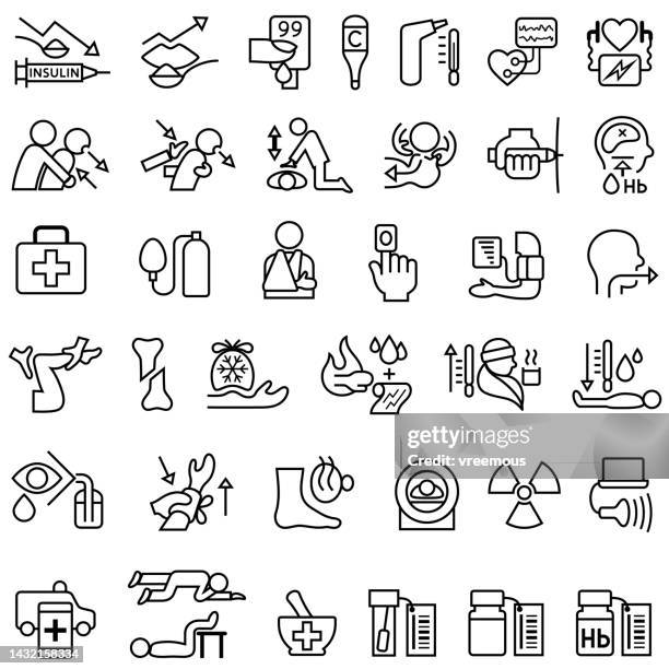 ilustraciones, imágenes clip art, dibujos animados e iconos de stock de iconos de esquema de primeros auxilios y atención médica de emergencia - reanimación cardiopulmonar