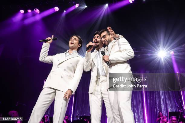 Gianluca Ginoble, Ignazio Boschetto and Piero Barone of IL VOLO perform during the benefit Concert For Victims Of Hurricane Ian at FLA Live Arena on...