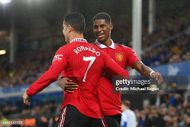 Cristiano Ronaldo of Manchester United celebrates scoring the winning goal to make it 2-1 with Marcus Rashford during the Premier League match...