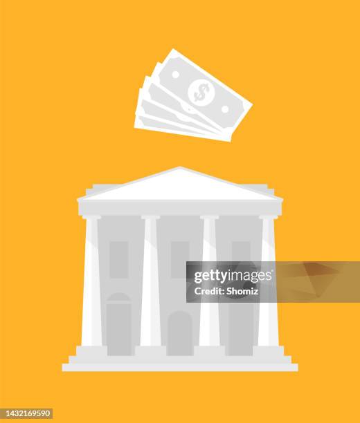 ilustrações de stock, clip art, desenhos animados e ícones de bank building isolated on yellow background. - inside bank