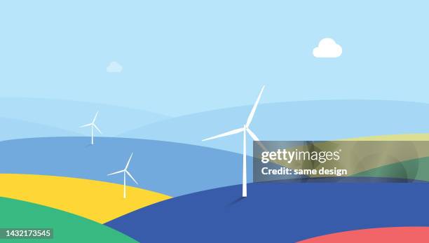 illustrations, cliparts, dessins animés et icônes de paysage de moulin à vent - éolienne