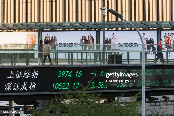 People with protective masks walk on a pedestrian bridge which displays the numbers for the Shanghai Shenzhen stock indexes on October 10, 2022 in...