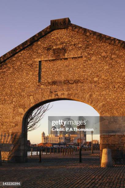 liver building through archway, liverpool, merseyside, england - royal liver building stock pictures, royalty-free photos & images