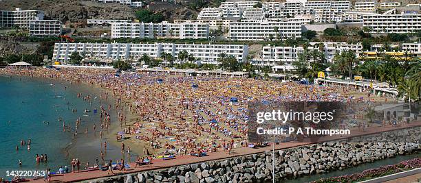 beach and holidaymakers, puerto rico, gran canaria, spain - islas canarias fotografías e imágenes de stock