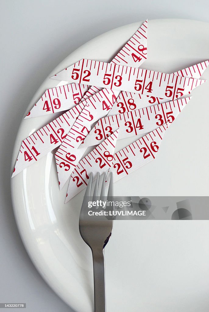 Measuring tape on plate with fork