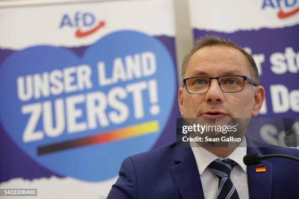 Alternative for Germany right-wing political party co-leader Tino Chrupalla speaks to the media the day after the AfD made strong gains in Lower...