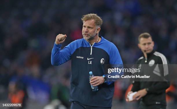 Lars Vossler, assistant coach of SC Freiburg reacts during the Bundesliga match between Hertha BSC and Sport-Club Freiburg at Olympiastadion on...