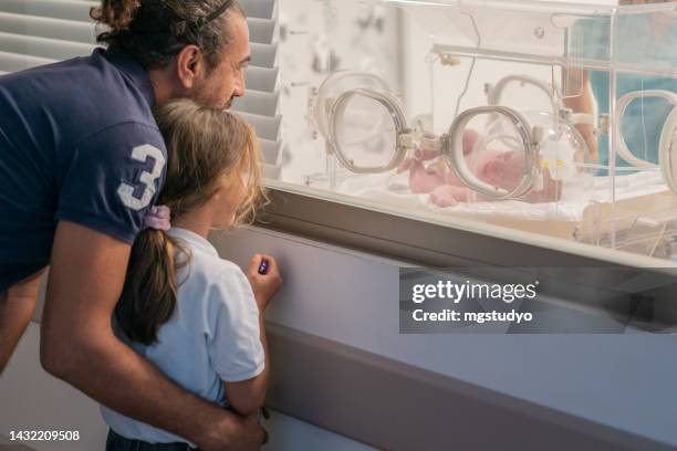 father and daughter watching their newborn brother in hospital incubator - premature baby stock pictures, royalty-free photos & images