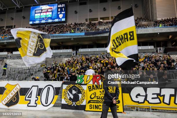 Häcken supporters durring an Allsvenskan match between Djurgardens IF and BK Hacken at Tele2 Arena on October 9, 2022 in Stockholm, Sweden.