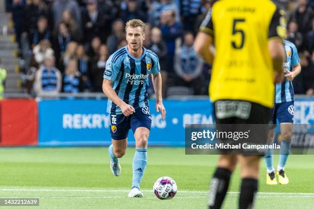 Djurgardens Rasmus Schuller durring an Allsvenskan match between Djurgardens IF and BK Hacken at Tele2 Arena on October 9, 2022 in Stockholm, Sweden.