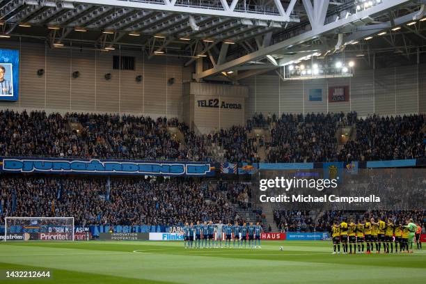 Moment of silence is observed durring an Allsvenskan match between Djurgardens IF and BK Hacken at Tele2 Arena on October 9, 2022 in Stockholm,...