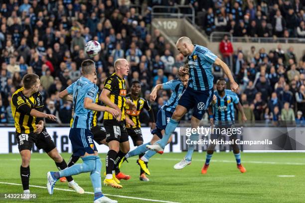 Djurgardens Marcus Danielson heads the ball on goal durring an Allsvenskan match between Djurgardens IF and BK Hacken at Tele2 Arena on October 9,...