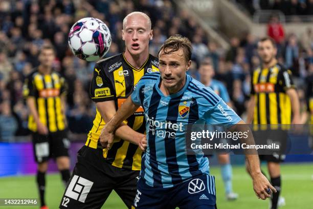 Häckens Valgeir Lunddal Fridriksson and Djurgardens Pierre Bengtsson durring an Allsvenskan match between Djurgardens IF and BK Hacken at Tele2 Arena...