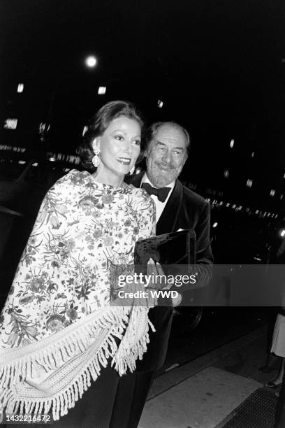 Mercia Harrison and Rex Harrison attend a benefit performance at the Winter Garden Theater in New York City on September 27, 1982.