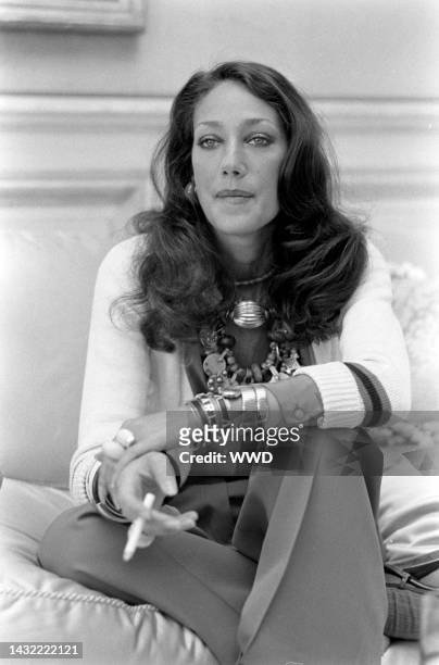 Actress and model Marisa Berenson poses for portraits and discusses her acting career in Christina Onassis's home on April 13, 1973 in New York City.