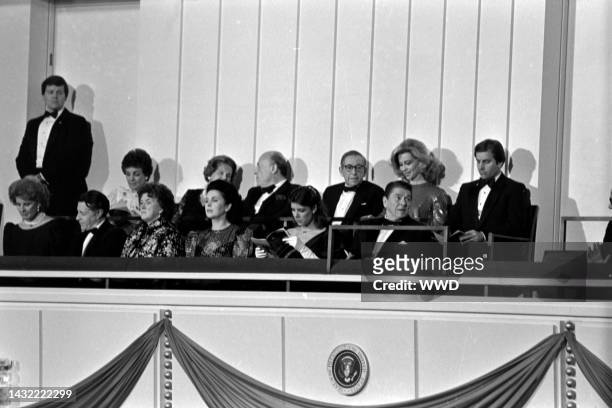 Jerry Zipkin , Leonard Silverstein , Lynn Wyatt , Princess Caroline of Monaco , and Ronald Reagan attend a reading of Ogden Nash verses, set to the...