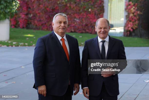 German Chancellor Olaf Scholz receives Hungarian Prime Minister Viktor Orban at the Chancellery on October 10, 2022 in Berlin, Germany. High on the...