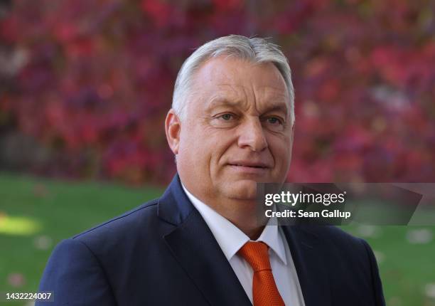 Hungarian Prime Minister Viktor Orban arrives to meet with German Chancellor Olaf Scholz at the Chancellery on October 10, 2022 in Berlin, Germany....