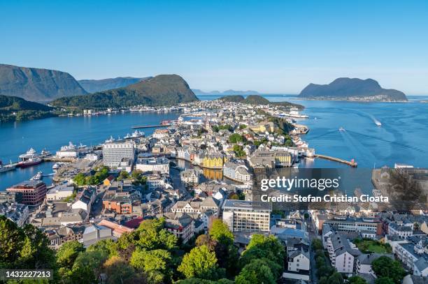 aerial view of alesund city, norway - alesund noorwegen stock pictures, royalty-free photos & images