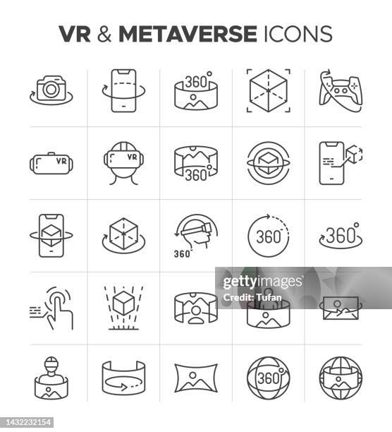 vr-icon-set und metaverse-icons. virtual reality-, ar- und vr-headset-bezogenes symbol. virtual- und augmented-reality-skizzenvektor. linie 360 grad symbol. 3d-simulation, computer vision und technologievektor - erweiterte realität stock-grafiken, -clipart, -cartoons und -symbole
