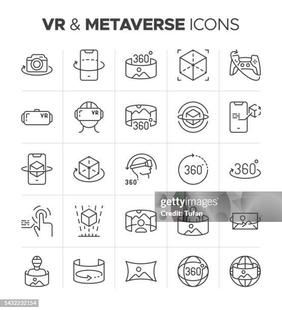 stockillustraties, clipart, cartoons en iconen met vr icon set and metaverse icons. virtual reality, ar and vr headset related symbol. virtual and augmented reality outline vector. line 360 degree symbol. 3d simulation, computer vision and technology vector - 360 degree view