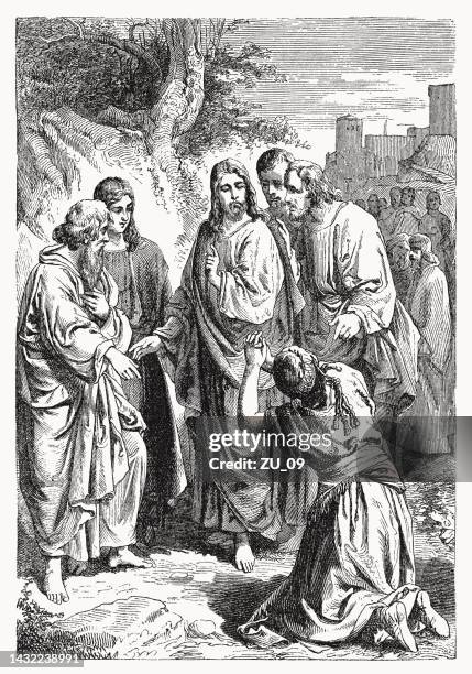the faith of the canaanite woman, wood engraving, published 1894 - jesus healing stock illustrations