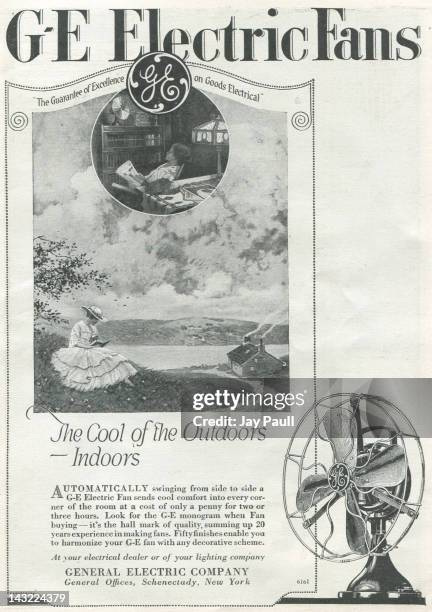 Advertisement for electric fans made by the General Electric Company showing a photo of the fans with the GE logo, 1916.