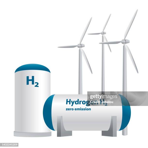 stockillustraties, clipart, cartoons en iconen met renewable clean gas storage tanks of hydrogen h2 and wind turbine - fuel tank