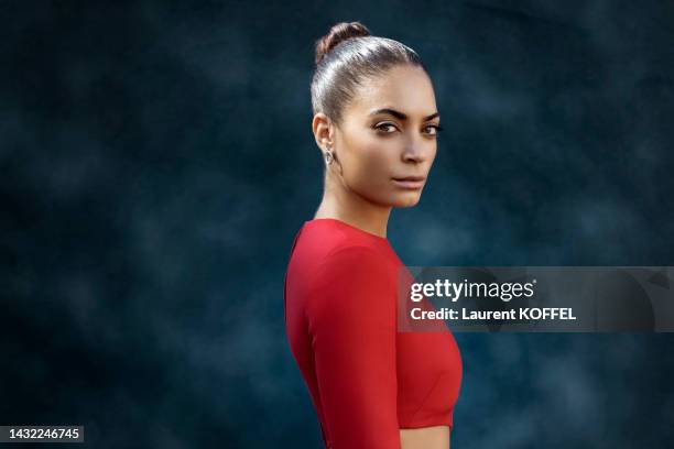 Portrait de la chanteuse italienne Elodie le 5 septembre 2022 à Venise.