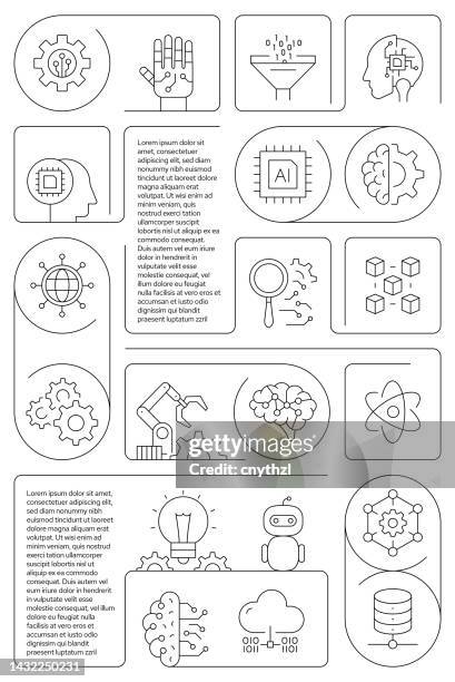 machine learning related vector banner design concept, modern line style with icons - making computer chips stock illustrations