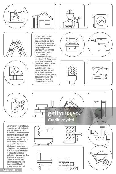 home renovation related vector banner design concept, modern line style with icons - interior designer working stock illustrations