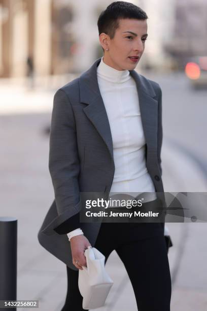 Tereza Brink wearing Bottega Veneta white leather bag and blazer, white Bottega Veneta top, Wardrobe NYC black skinny leggings on October 06, 2022 in...