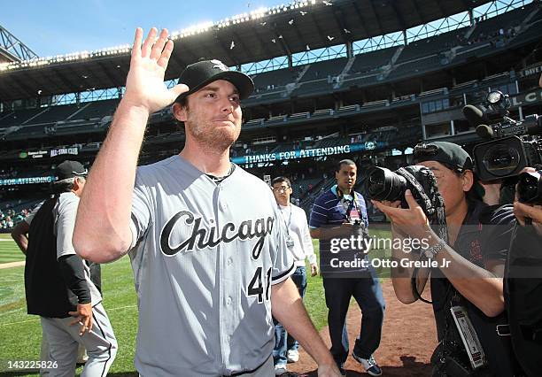 Starting pitcher Philip Humber of the Chicago White Sox leaves the field after throwing a perfect game against the Seattle Mariners at Safeco Field...