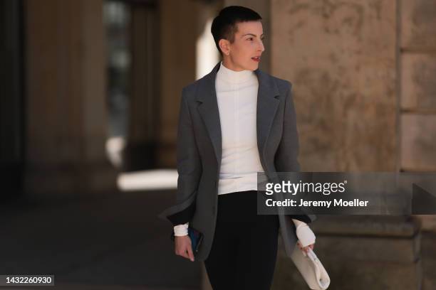 Tereza Brink wearing Bottega Veneta white leather bag and blazer, white Bottega Veneta top, Wardrobe NYC black skinny leggings on October 06, 2022 in...