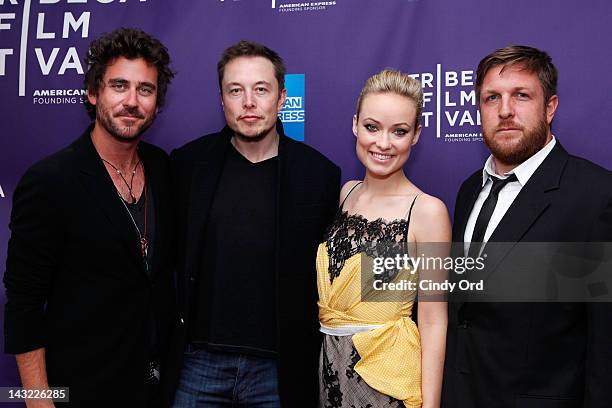 Director Bryn Mooser, executive producer Elon Musk, executive producer Olivia Wilde and director David Darg of the film 'Baseball in the Time of...